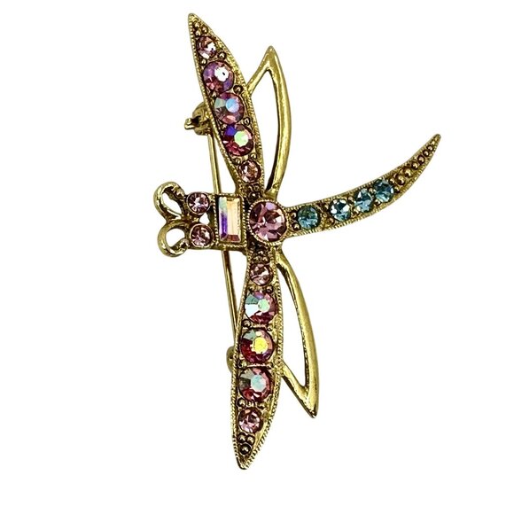 1928 Collection Gold-Tone Dragonfly Brooch With Pink & Blue Rhinestones - Picture 5 of 11